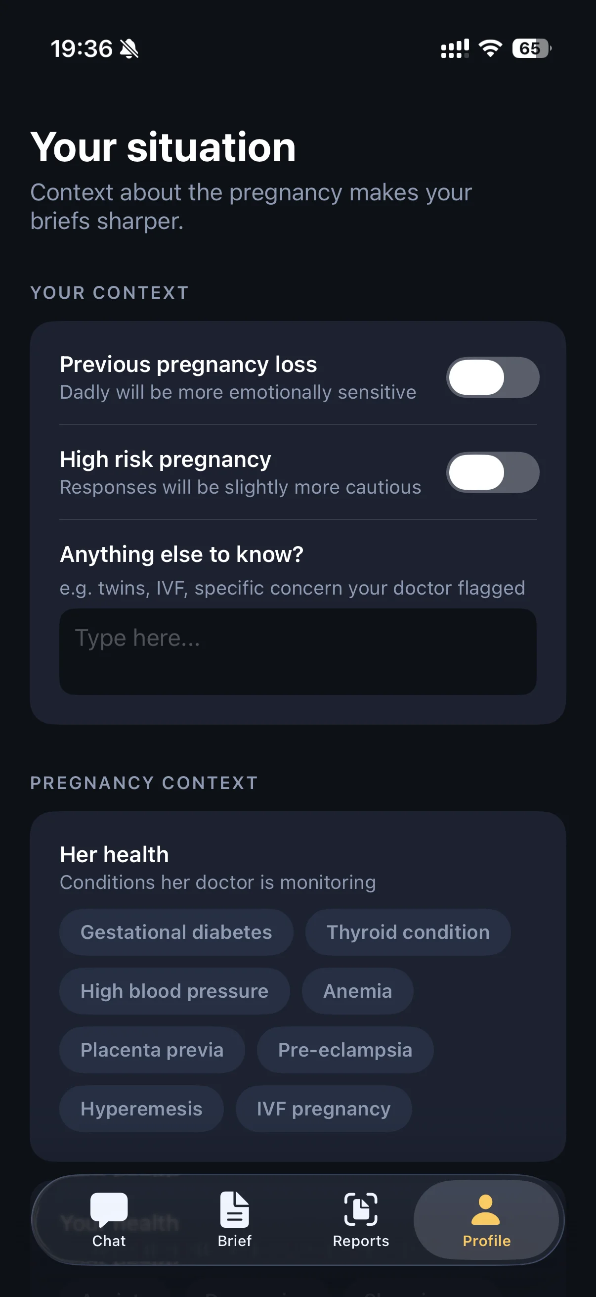 Dadly situation customisation screen